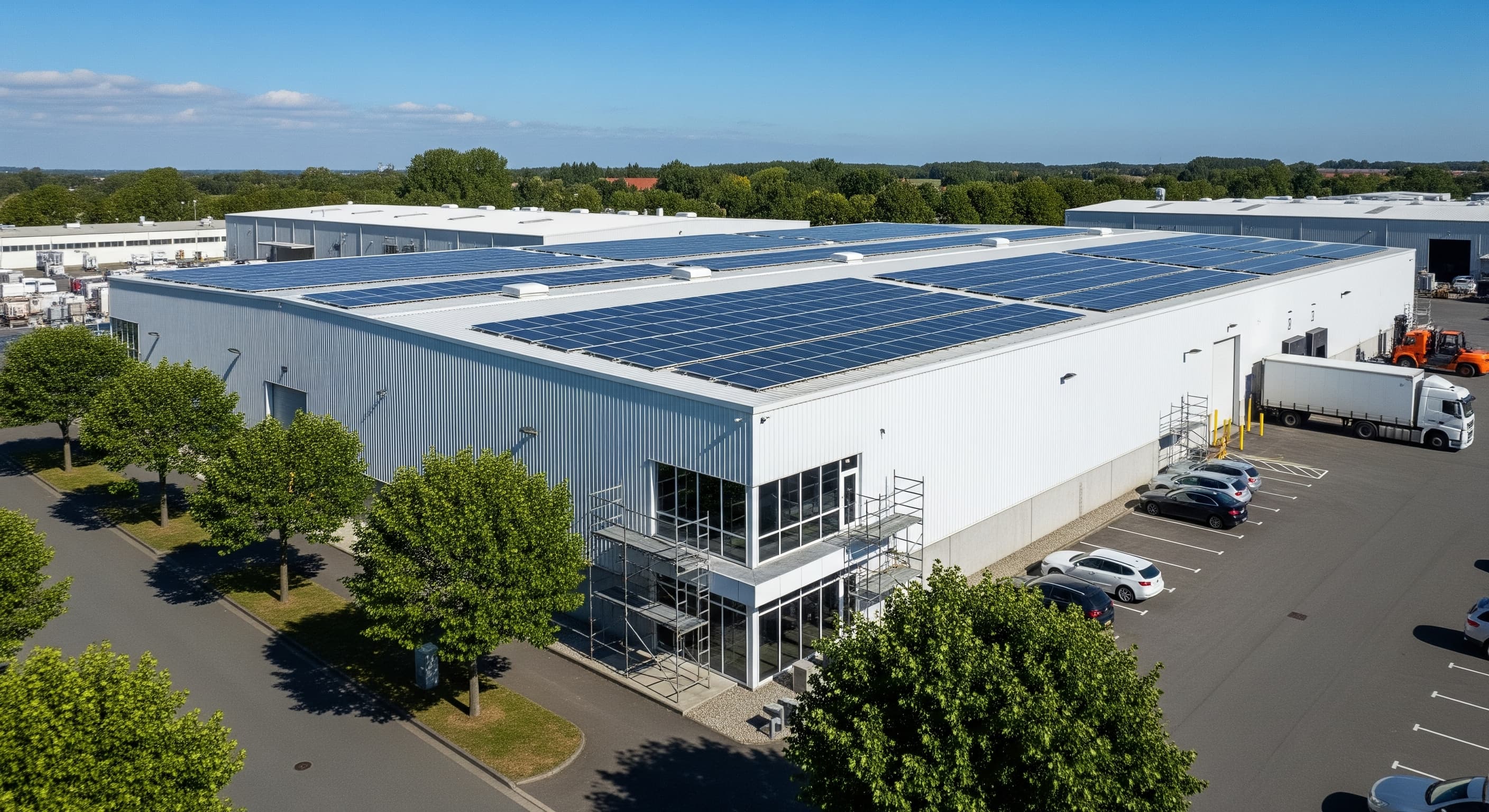 A large commercial building with rooftop solar panels